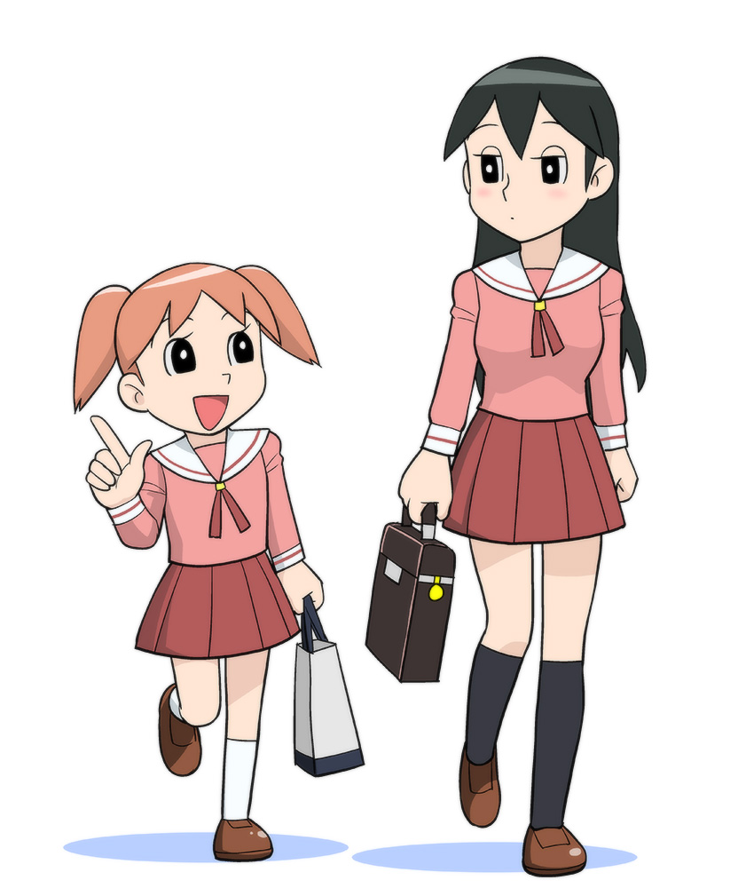 60s azumanga_daioh azumanga_daiou bag black_eyes black_hair child doraemon fujiko_f_fujio_(style) long_hair mihama_chiyo multiple_girls oldschool orange_hair parody sakaki school_bag school_uniform short_twintails skirt smile style_parody twintails ueyama_michirou