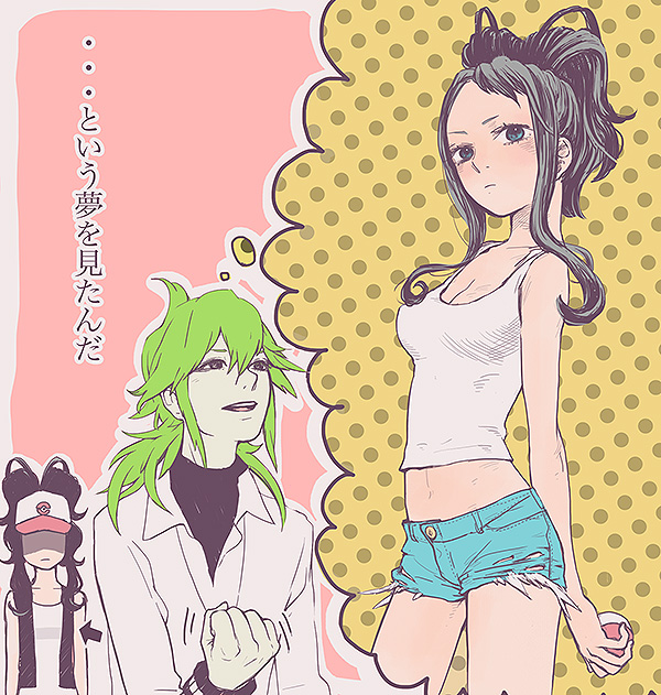 1boy 1girl baseball_cap blue_eyes blush brown_hair cutoffs denim denim_shorts green_hair hat holding midriff n_(pokemon) no_hat no_headwear poke_ball pokemon pokemon_(game) pokemon_bw ponytail shigeru short_shorts shorts standing tank_top teeth text touko_(pokemon) translated vest