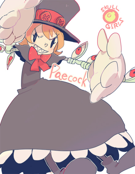 &gt;:) &gt;:d 1girl :d bird bow bowtie capelet character_name dress engrish gloves grin hat mechanical_arms open_mouth orange_hair peacock_(skullgirls) purple_dress ranguage rawan sharp_teeth short_hair simple_background skullgirls smile solo title_drop top_hat white_background white_gloves