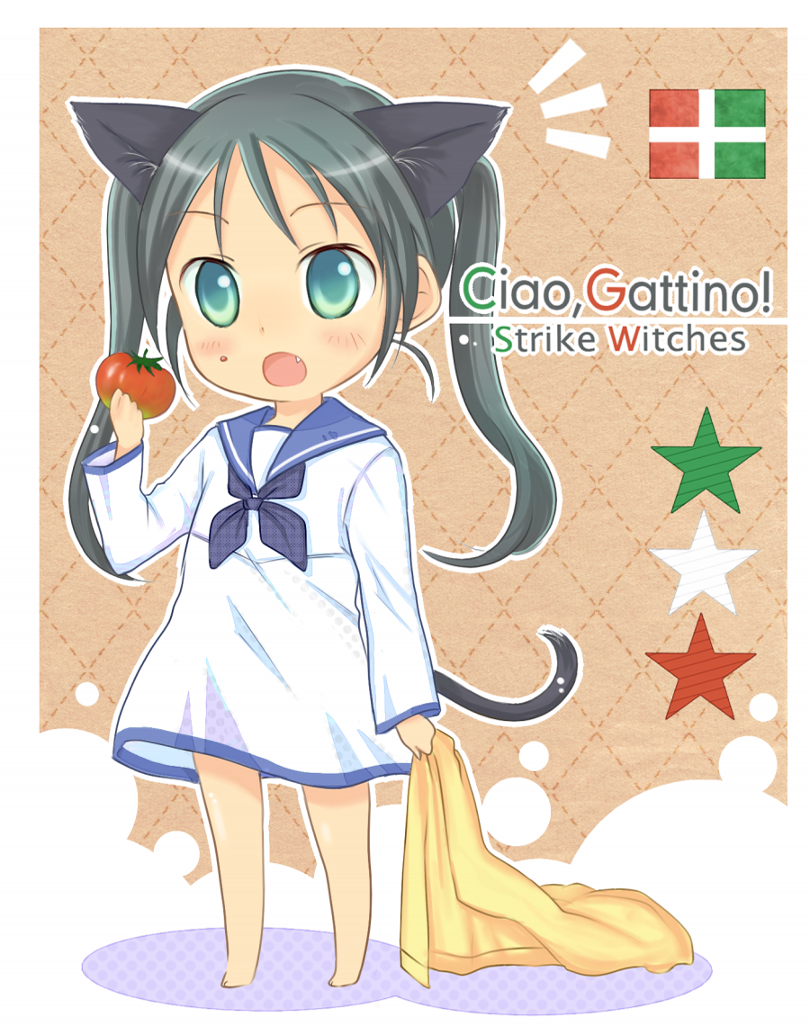 aqua_eyes black_hair blanket cat_ears cat_tail eating fang food food_on_face francesca_lucchini italian star strike_witches tail tomato twintails young yuni_(artist)