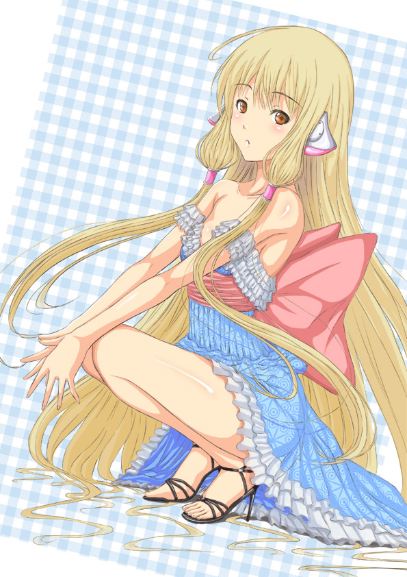 1girl :o ahoge blush bow brown_eyes checkered_background chii chobits dress frills hair_ornament hair_tubes high_heels long_hair looking_at_viewer open_mouth open_shoes open_toe_shoes robot_ears shiny_skin simple_background sirumeria solo squatting stiletto_heels twintails very_long_hair