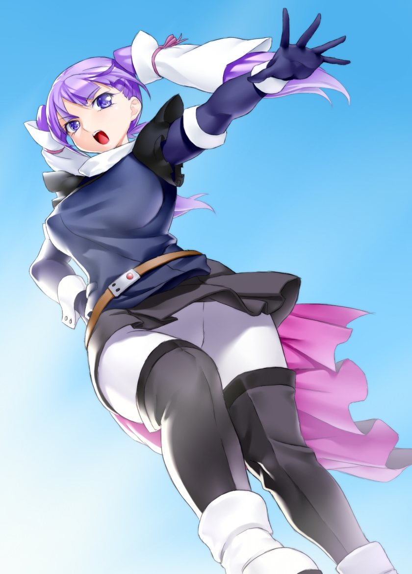 belt black_legwear boots bottomless bow breasts fram_nara from_below gundam gundam_age hair_bow hair_tubes hand_on_hip hips long_hair onsoku_maru open_mouth outstretched_arm outstretched_hand pantyhose purple_eyes purple_hair skirt solo taut_shirt thigh-highs thighhighs twintails violet_eyes white_legwear wrist_cuffs