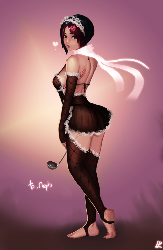 ass bare_back bare_shoulders barefoot black_hair blue_eyes breasts elbow_gloves feet fiora_laurent frills gloves heart instant-ip instantip ladle league_of_legends lipstick looking_at_viewer looking_back maid makeup multicolored_hair panties purple_hair scarf see-through short_hair sideboob solo tattoo thighhighs thighs thong toeless_socks toes two-tone_hair underwear