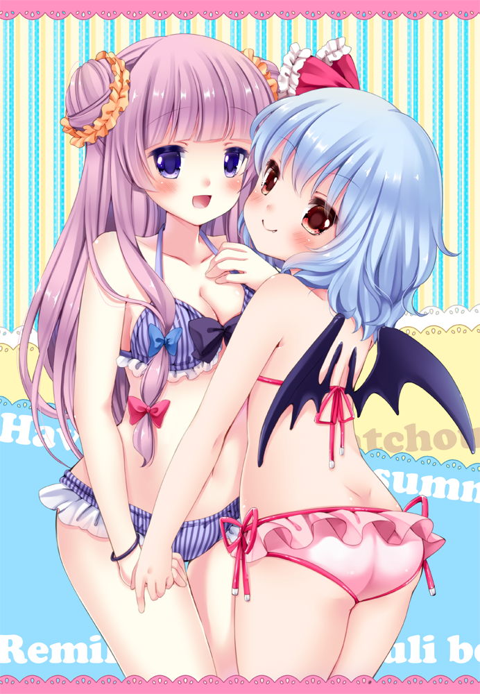 :d ass bat_wings bikini blue_hair blush bracelet breasts character_name cleavage dimples_of_venus double_bun fang frilled_bikini frills hand_holding holding_hands irori jewelry long_hair looking_at_viewer multiple_girls navel open_mouth patchouli_knowledge purple_hair red_eyes remilia_scarlet smile striped striped_bikini striped_swimsuit swimsuit touhou vertical-striped_bikini vertical_stripes wings