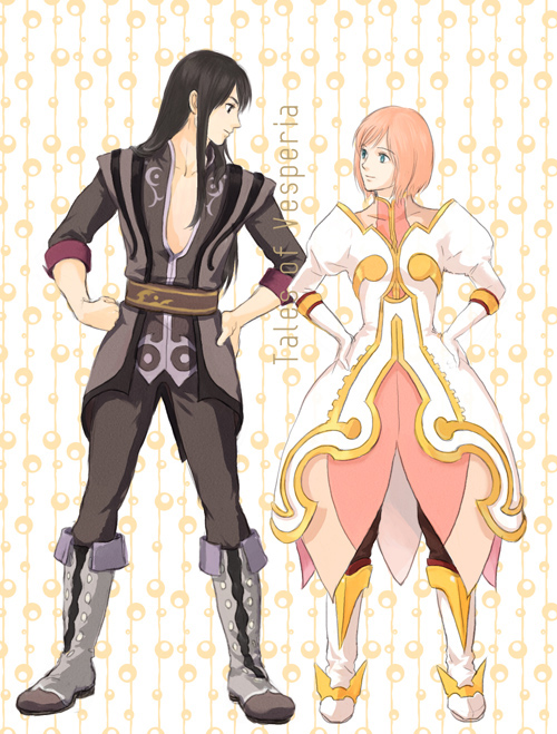 1boy 1girl black_hair blue_eyes boots copyright_name dress estellise_sidos_heurassein eye_contact gloves hands_on_hips jacket long_hair looking_at_another niko_(silent.whitesnow) pants pink_hair short_hair smile tales_of_(series) tales_of_vesperia yuri_lowell