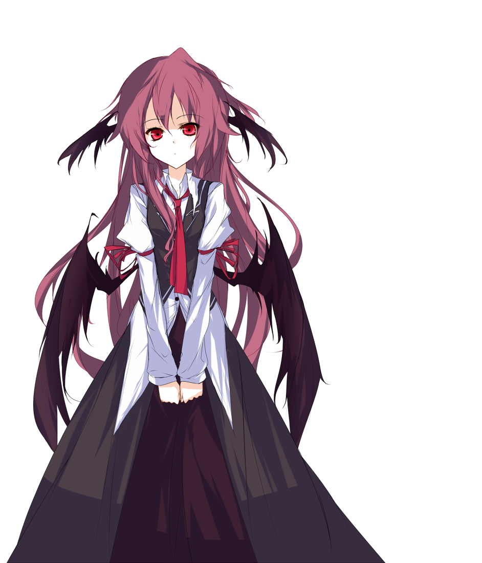 arm_garter bat_wings bow dress_shirt expressionless head_wings koakuma long_hair looking_at_viewer low_wings loxodon messy_hair necktie red_eyes red_hair red_ribbon redhead ribbon shirt skirt solo touhou transparent_background untucked v_arms very_long_hair vest white_shirt wings