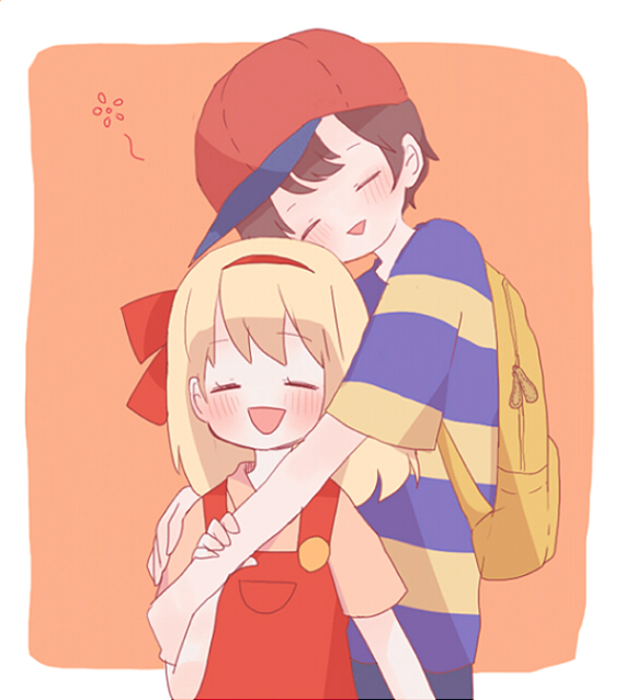 backpack bag black_hair blonde_hair hat hug mother_(game) mother_2 ness nintendo overalls ribbon siblings smile tracy