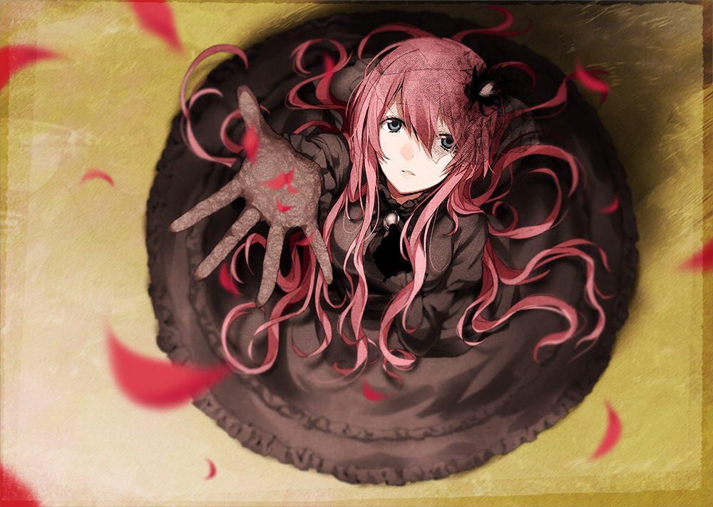 alternate_costume arisaka_ako arm_up black_dress black_gloves dress from_above gloves grey_eyes hair_ornament hand_on_own_chest lace_gloves long_hair megurine_luka outstretched_arm outstretched_hand petals pink_hair solo very_long_hair vocaloid