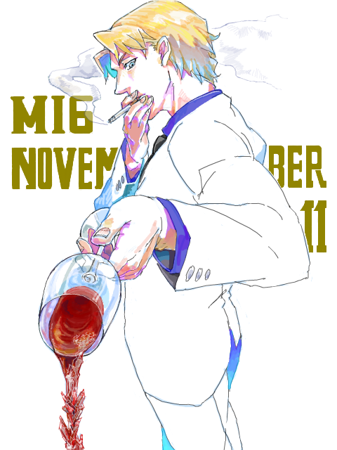 blonde_hair cigarette cup darker_than_black formal kurozukuri male november_11 pouring smoking solo suit tegaki wine wine_glass