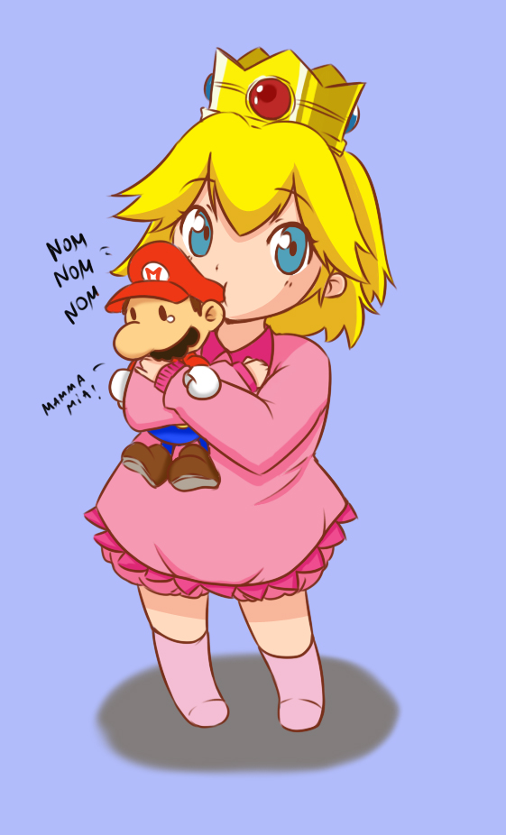 age_regression blonde_hair blue_eyes character_doll chewing crown doll ladymarta mario mario_(cameo) nintendo princess_peach simple_background socks solo super_mario_bros. young