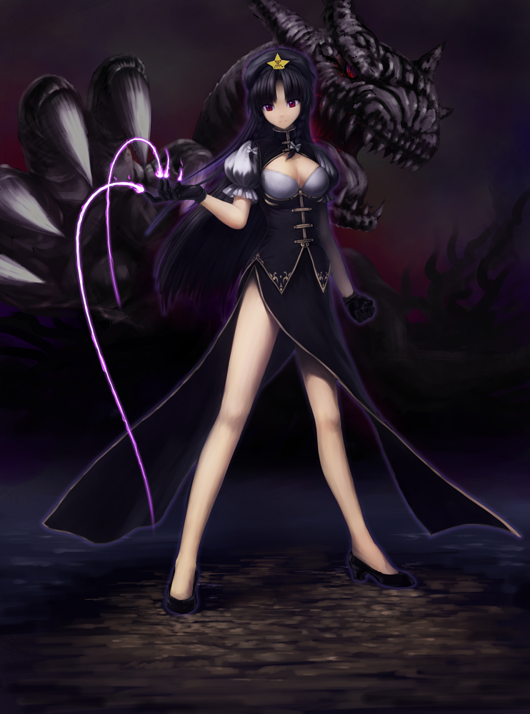 adapted_costume alternate_color alternate_eye_color alternate_hair_color bare_legs black_gloves black_hair bow braid breasts chinese_clothes claws cleavage cleavage_cutout clenched_hand dark_persona dragon gloves hair_bow hat hei_meiling long_hair m.u.g.e.n open_mouth original puffy_sleeves red_eyes sharp_teeth short_sleeves side_slit smile solo star tongue touhou twin_braids very_long_hair zimajiang