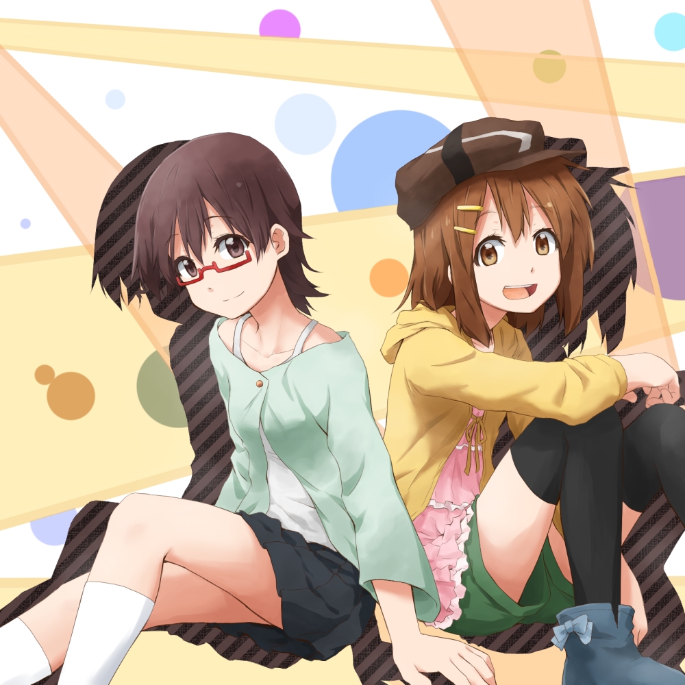 :d black_legwear brown_hair diagonal_stripes glasses hat hirasawa_yui k-on! kagiana looking_at_viewer manabe_nodoka multiple_girls open_mouth short_hair sitting skirt smile socks thigh-highs thighhighs