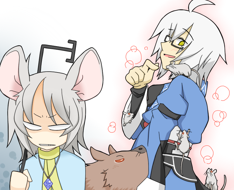 1girl ahoge animal animal_ears blush capybara dowsing_rod gem glasses jewelry long_sleeves morichika_rinnosuke mouse mouse_ears nazrin open_mouth pendant rodent sag sag_(karehabase) short_hair silver_hair touhou white_hair wide_sleeves yellow_eyes