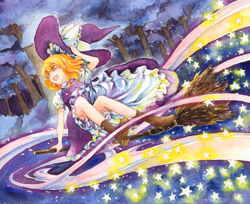 :d blonde_hair boots broom dress flying forest frills glowing hair_ribbon happy hat hat_ribbon holding holding_hat kirisame_marisa legs long_hair magic millipen_(medium) nature night open_mouth ribbon shiroaisa shoes short_sleeves smile solo star touhou traditional_media tree watercolor_(medium) witch witch_hat yellow_eyes