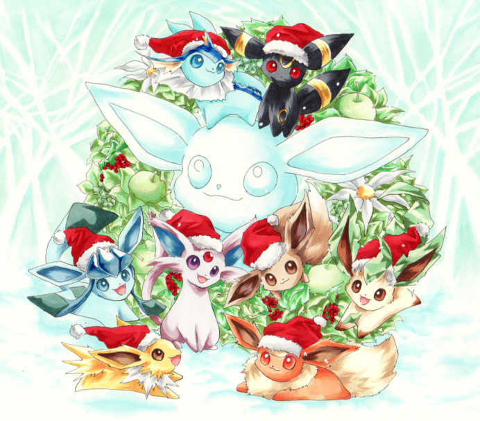 christmas clothed_pokemon eevee espeon flareon glaceon jolteon leafeon no_humans pokemon pokemon_(creature) umbreon vaporeon