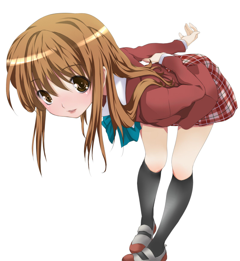 bent_over black_legwear blush brown_eyes brown_hair kneehighs lips long_hair original plaid plaid_skirt school_uniform simple_background skirt socks solo