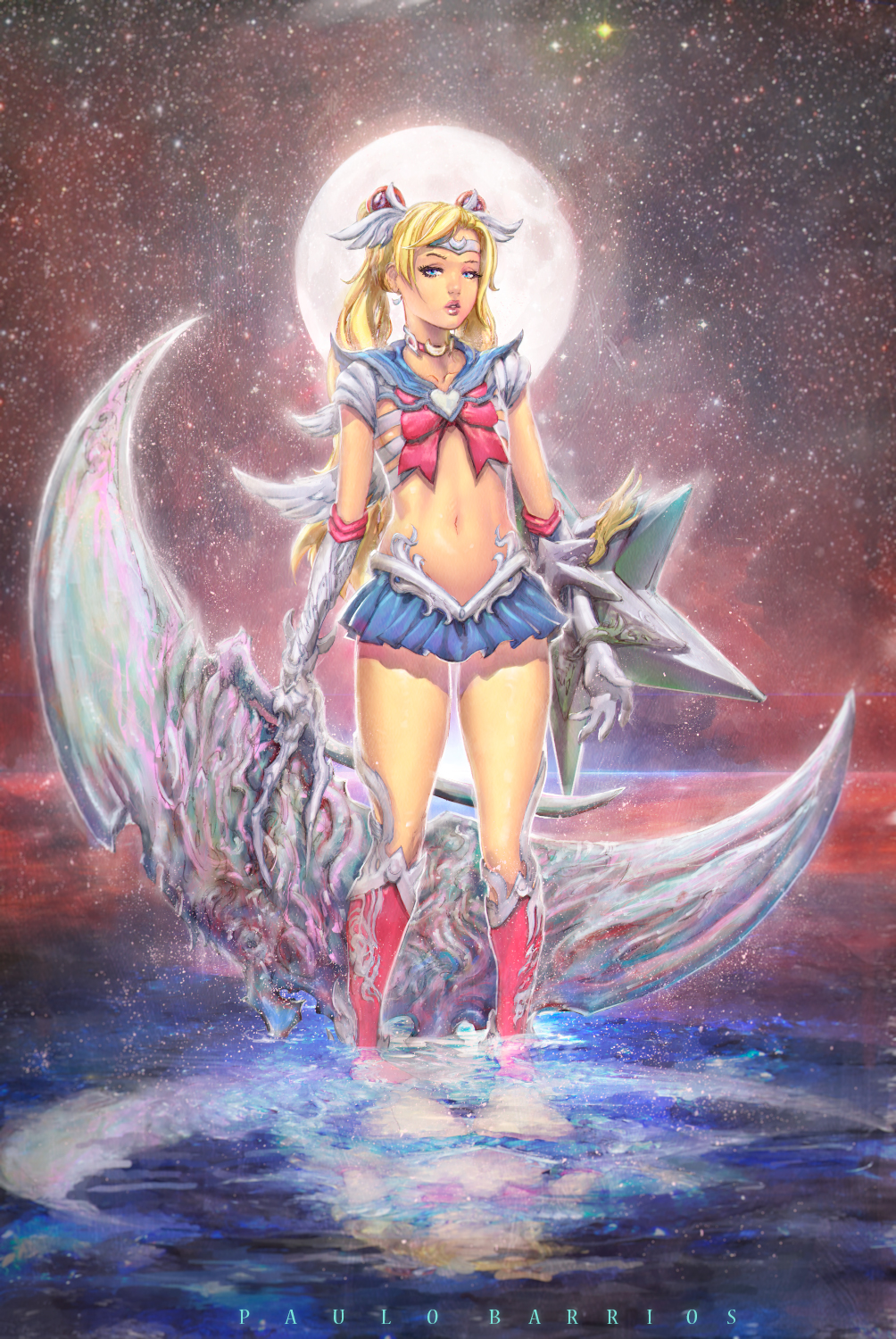 bishoujo_senshi_sailor_moon blonde_hair blue_eyes boots choker circlet collarbone crescent crescent_earrings double_bun earrings elbow_gloves flat_chest gloves highres horizon jewelry lips long_hair midriff miniskirt moon navel partially_submerged paulo_barrios red_boots reflection sailor_collar sailor_moon shield skirt sky star star_(sky) starry_sky tsukino_usagi twintails weapon white_gloves wings