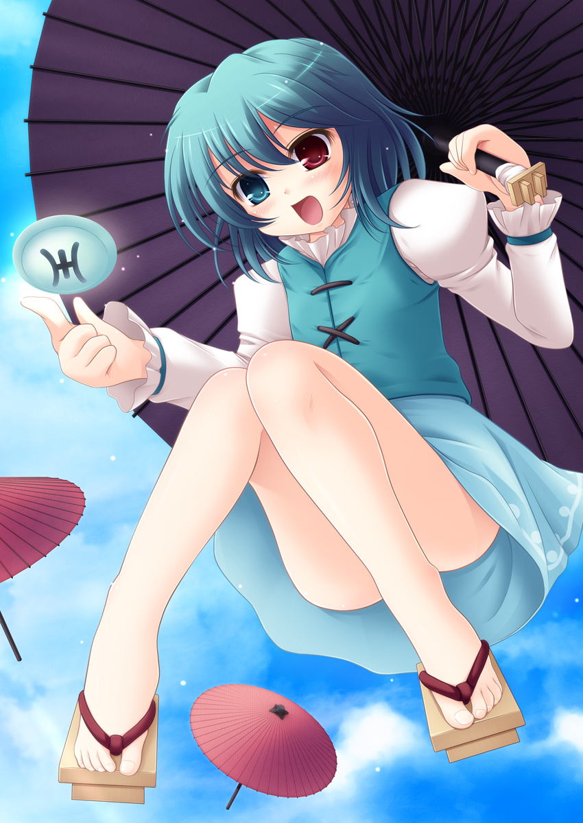 blue_hair geta heterochromia highres no_socks oriental_umbrella red_eyes sandals short_hair solo takamu tatara_kogasa touhou umbrella