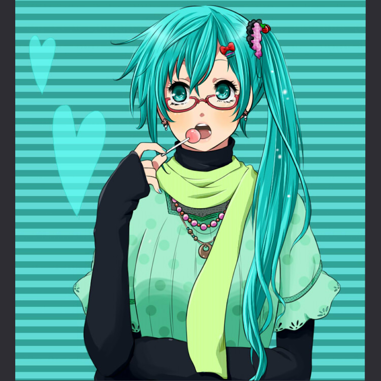 alternate_hairstyle aqua_eyes aqua_hair bad_id bespectacled bow candy casual earrings glasses hair_bow hair_ornament hairclip hatsune_miku jewelry kuroko_(pixiv1284201) lollipop long_hair necklace scarf side_ponytail sleeves_past_wrists solo vocaloid