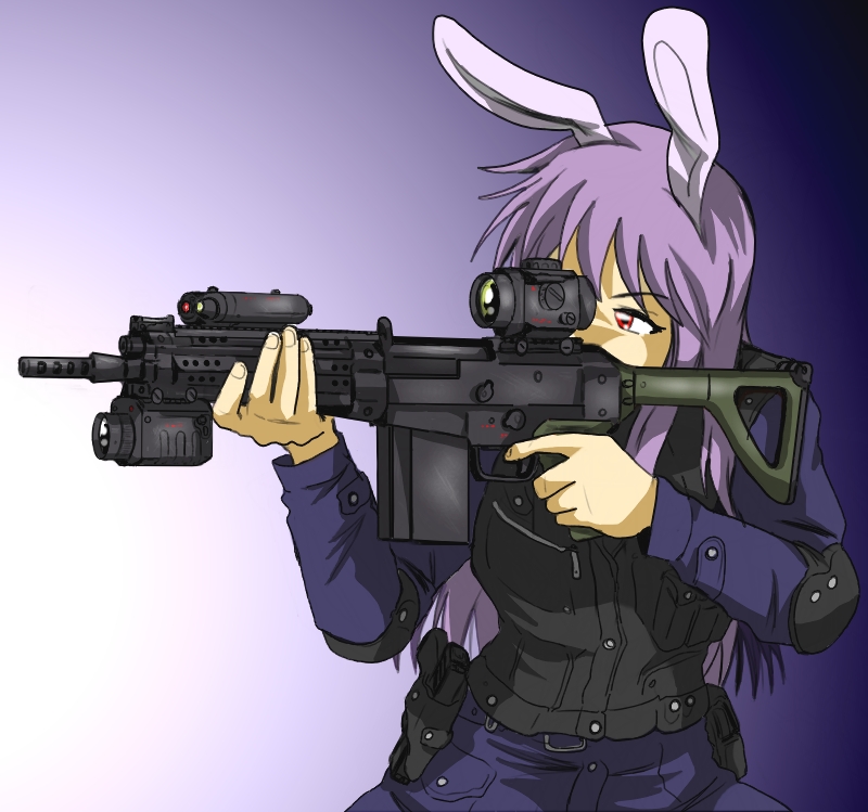 assault_rifle bad_id battle_rifle bunny_ears gun junkei long_hair operator purple_hair rabbit_ears red_eyes reisen_udongein_inaba rifle touhou vest weapon