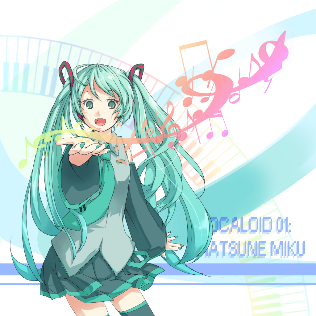 aqua_eyes aqua_hair detached_sleeves hatsune_miku headphones headset long_hair necktie nishiokashio skirt smile solo thigh-highs thighhighs twintails very_long_hair vocaloid zettai_ryouiki