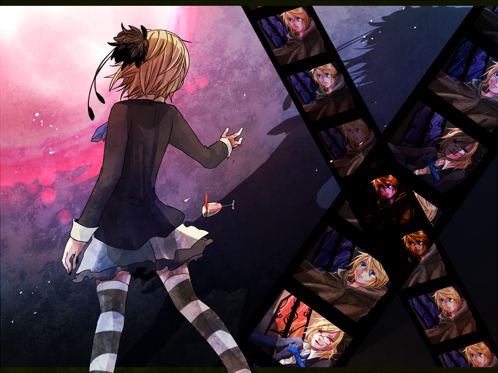 blonde_hair flower glare_(vocaloid) hair_flower hair_ornament kagamine_rin night semaru short_hair skirt solo striped striped_legwear striped_thighhighs thigh-highs thighhighs vocaloid zettai_ryouiki