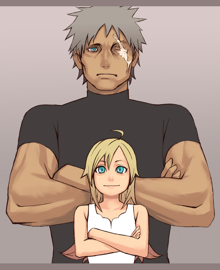 and aqua_eyes bad_id bare_shoulders blonde_hair crossed_arms father_and_daughter grey_hair height_difference long_hair muscle mustard_seeds one-eyed original scar size_difference smile spiked_hair spiky_hair t-shirt tank_top