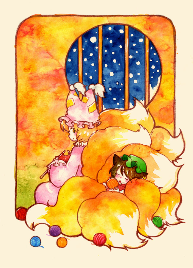 animal_ears cat_ears chen deko fox_tail knitting multiple_girls multiple_tails sleeping snow tail touhou traditional_media watercolor_(medium) yakumo_ran yarn