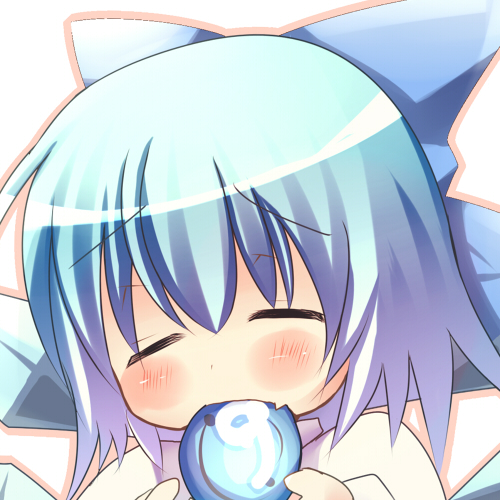 blue_hair blush cirno closed_eyes hair_ribbon lowres mouth_hold ribbon short_hair sleeping touhou tsunono ⑨