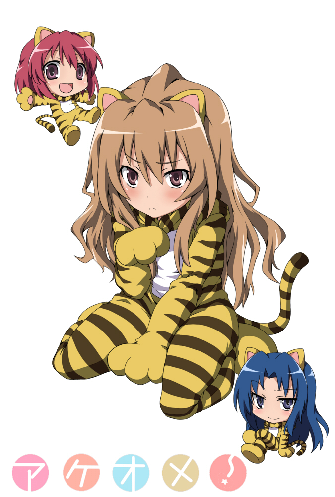 animal_costume animal_ears brown_eyes brown_hair chibi costume kawashima_ami kushieda_minori long_hair shouji_2 tiger_costume tiger_ears tiger_print toradora!