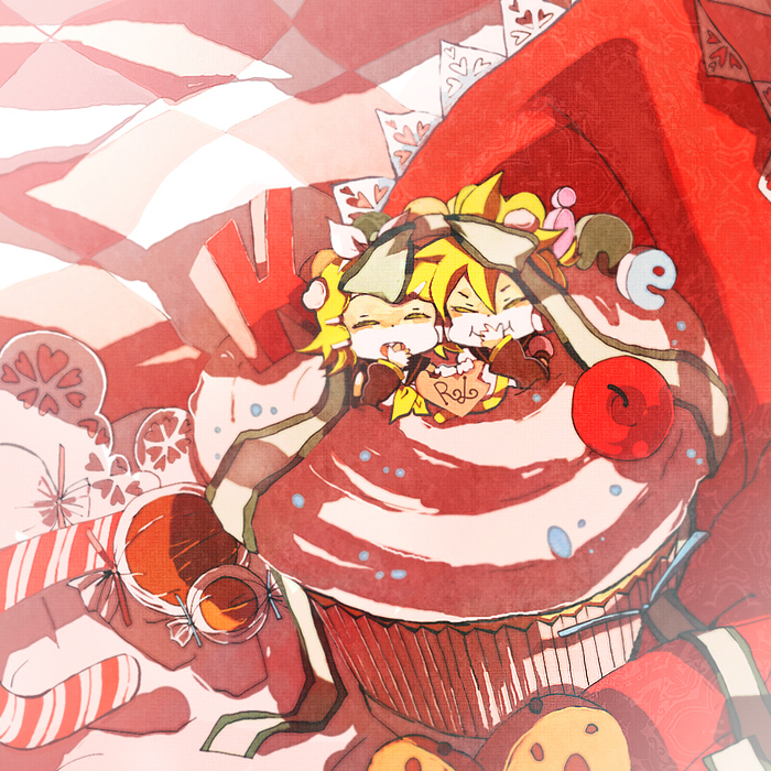 boy_in_food cake candy candy_cane checkered cherry chibi cupcake food fruit girl_in_food in_food kagamine_len kagamine_rin miniboy minigirl nia_(four_winds) nia_(pixiv774722) pastry siblings smile twins vocaloid