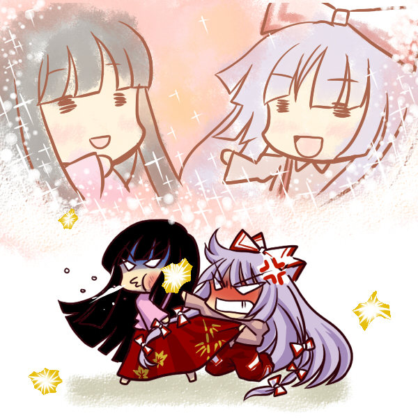 2girls anger_vein angry battle black_hair chibi fujiwara_no_mokou hair_ribbon houraisan_kaguya kicking long_hair lowres multiple_girls punching ribbon rivalry silver_hair simple_background socha sparkle touhou very_long_hair violence