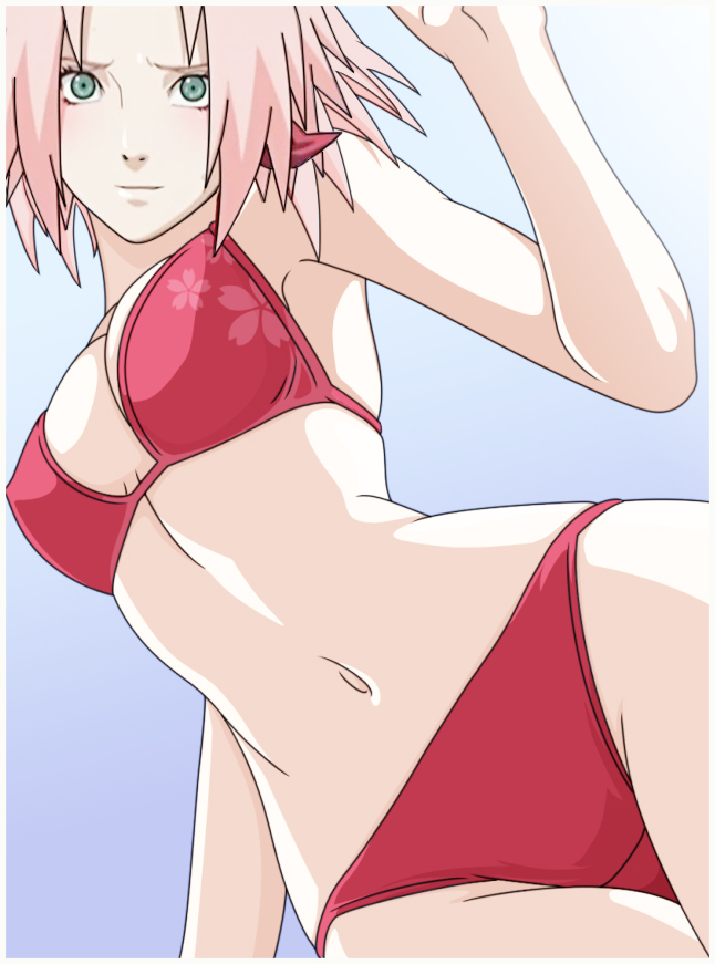 bikini breasts cleavage female green_eyes haruno_sakura naruto pink_hair simple_background solo swimsuit