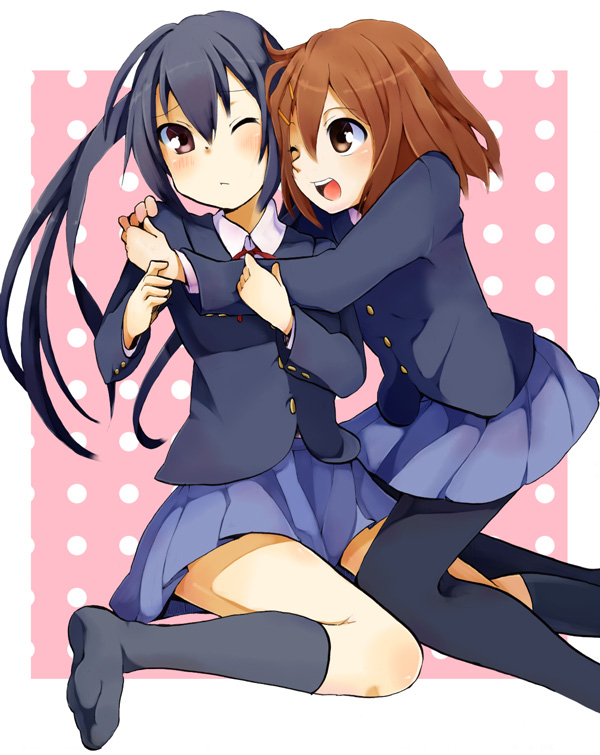 black_hair blazer blush brown_eyes brown_hair hair_ornament hairclip hirasawa_yui hug k-on! kneehighs long_hair multiple_girls nakano_azusa pantyhose school_uniform short_hair skirt socks suika-tk twintails wink