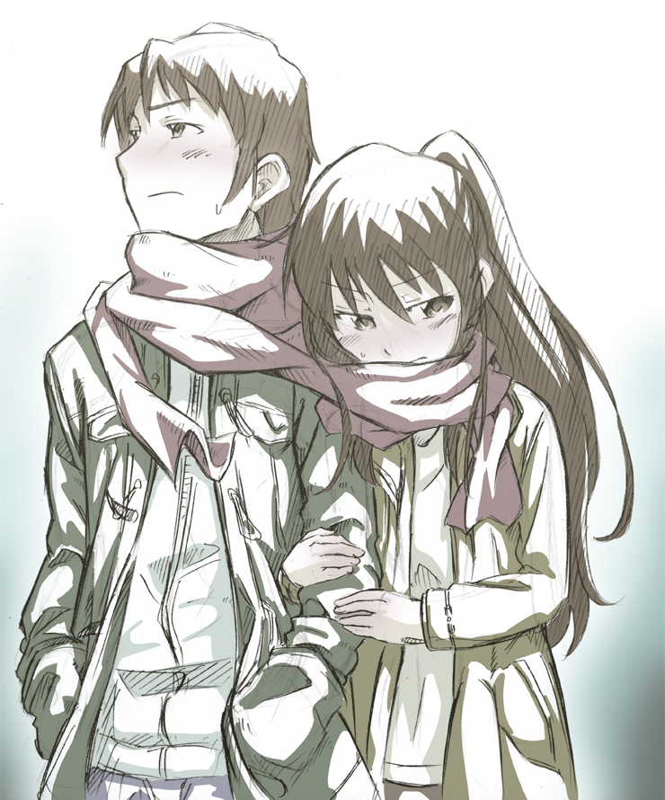 1girl arm_hug blush brown_eyes brown_hair couple dual_persona genderswap kyon kyonko long_hair ponytail rokudena-shi scarf shared_scarf sketch suzumiya_haruhi_no_yuuutsu