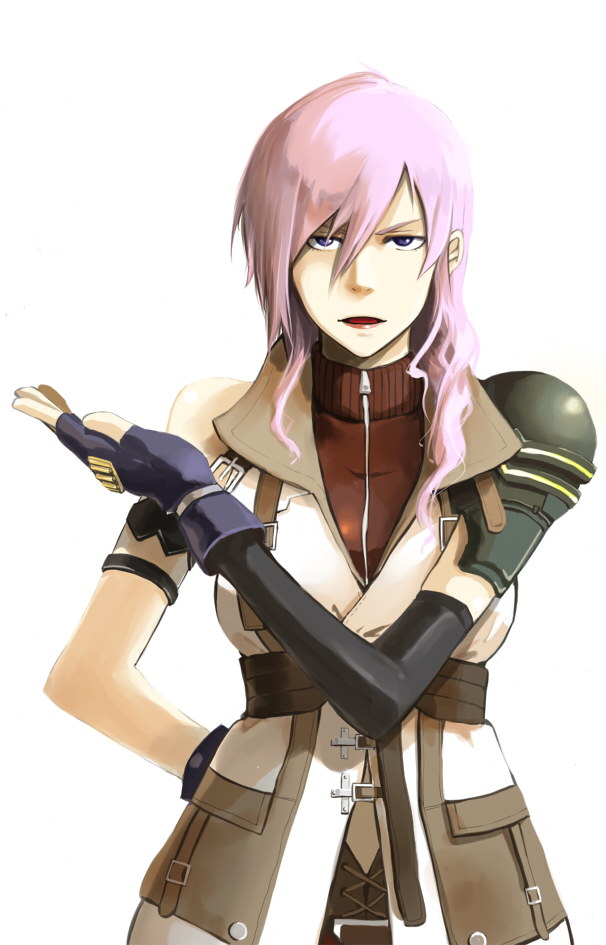 armband bare_shoulders belt elbow_gloves female final_fantasy final_fantasy_xiii fingerless_gloves gloves holysnow lightning_(ff13) long_hair pink_hair sleeveless_turtleneck solo turtleneck violet_eyes