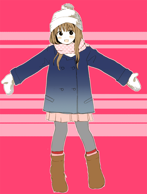 blush_stickers boots brown_hair coat hat mittens open_mouth original pantyhose polka_dot scarf skirt smile solo winter_clothes yoshioka_mitsuko