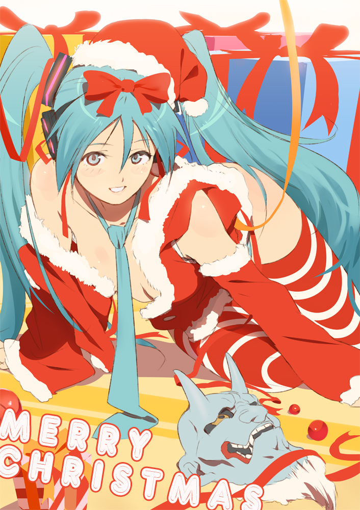 a'j a'j aqua_eyes aqua_hair blush bow detached_sleeves hair_bow hat hatsune_miku headphones long_hair necktie santa_costume santa_hat smile solo striped striped_legwear striped_thighhighs thigh-highs thighhighs twintails very_long_hair vocaloid zettai_ryouiki