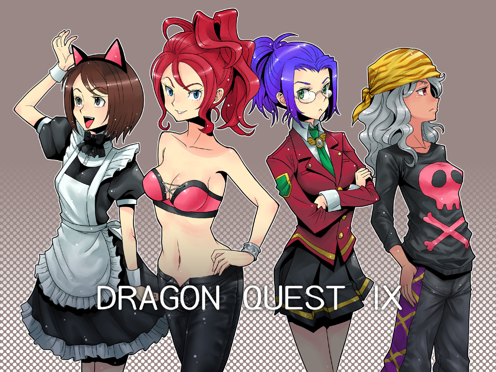 alternate_costume animal_ears annotated annotation_request boyaking brown_eyes brown_hair casual character_request contemporary dragon_quest dragon_quest_ix glasses grey_hair idol maid multiple_girls pantyhose purple_hair red_eyes red_hair redhead skirt