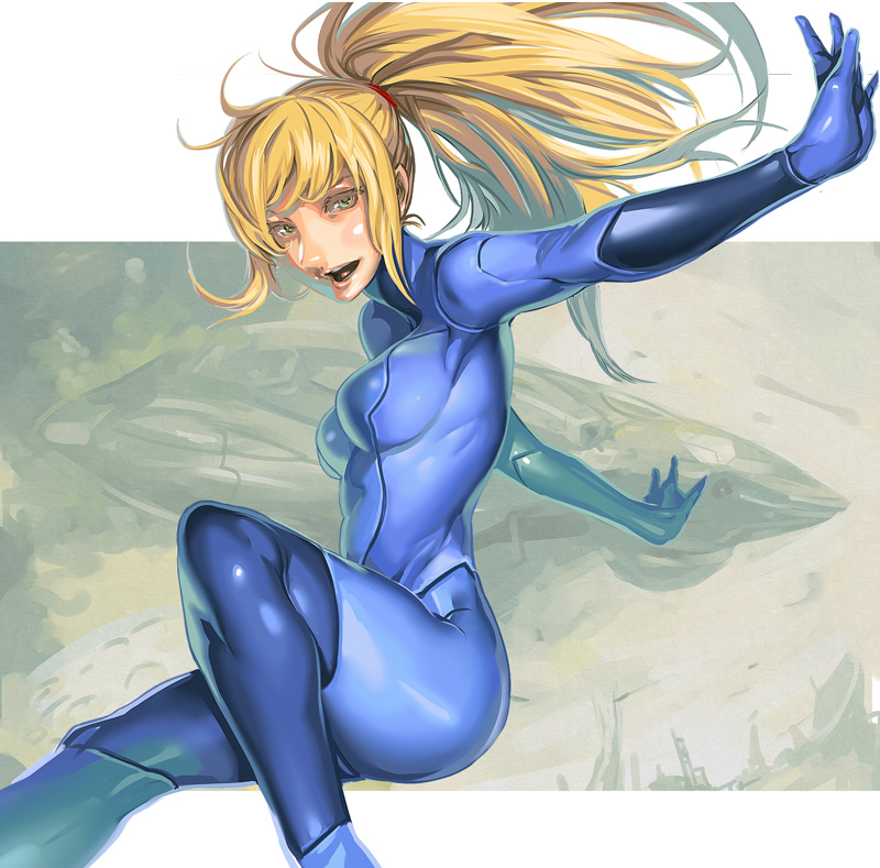 blue_eyes bodysuit kichin_yarou long_hair metroid nintendo no_lineart ponytail samus_aran skin_tight zero_suit