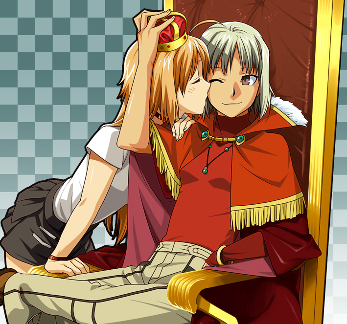 428 :3 ahoge androgynous blonde_hair bracelet brown_eyes canaan canaan_(character) cape choker closed_eyes crown flat_chest jewelry kiss long_hair mknown mori_(unknown.) multiple_girls necklace oosawa_maria reverse_trap short_hair sleeveless sleeveless_turtleneck smile throne turtleneck white_hair wink yuri