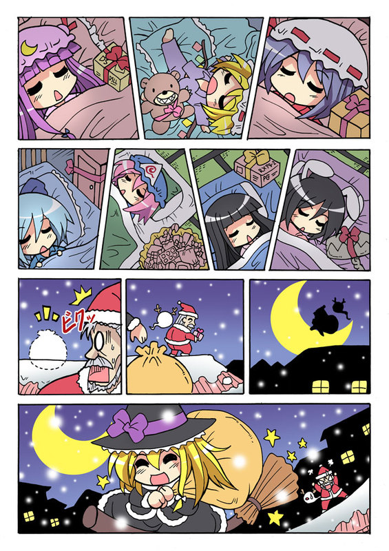 6+girls broom broom_riding christmas christmas_special_03 cirno colonel_aki comic flandre_scarlet foothold_trap gift houraisan_kaguya inaba_tewi kirisame_marisa konpaku_youki konpaku_youki_(ghost) marisa_stole_the_precious_thing multiple_girls patchouli_knowledge remilia_scarlet rx-78-2 sack saigyouji_yuyuko santa_costume silent_comic stuffed_animal stuffed_toy teddy_bear theft touhou