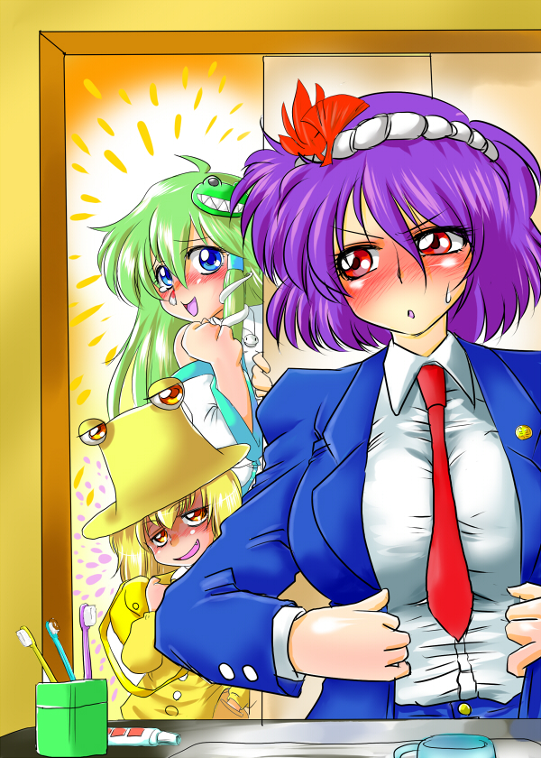 alternate_costume blonde_hair blood blue_eyes blush breasts business_suit contemporary danna_(pixiv) fang formal green_hair hairband hat kochiya_sanae large_breasts moriya_suwako multiple_girls necktie nosebleed pajamas pant_suit purple_hair pyonta red_eyes suit touhou yasaka_kanako