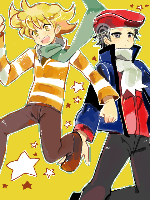 beret black_hair blonde_hair blush diamond_(pokemon) grey_eyes hat jacket jumping male multiple_boys open_mouth pearl_(pokemon) pokemon pokemon_special scarf simple_background smile star yellow_background yellow_eyes