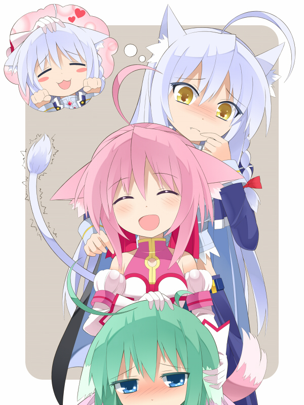animal_ears blue_eyes blush cat_ears cat_tail closed_eyes dog_days dog_ears dog_tail eclair_martinozzi eyes_closed green_hair haribote_(tarao) leonmitchelli_galette_des_rois millhiore_f_biscotti multiple_girls petting pink_hair tail tarao_(37193719) white_hair yellow_eyes