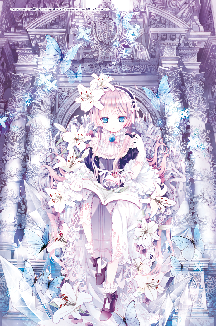 artist_name bangs blonde_hair blue_eyes blue_hallelujah blunt_bangs book bow butterfly chair crystal dress flower frills gloves gosick greco-roman_architecture hairband headdress high_heels ice lace lolita_fashion long_hair long_sleeves looking_at_viewer open_book pipe shoes sitting solo tsurime very_long_hair victorica_de_blois watermark web_address