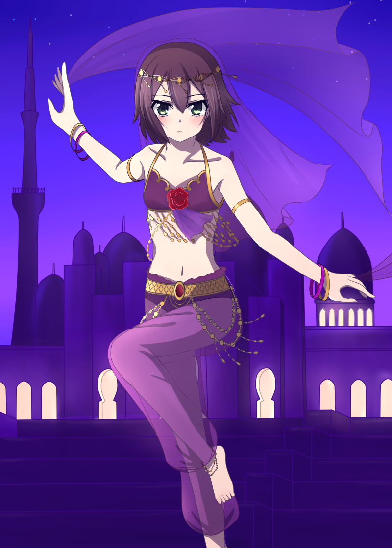 1boy arabian_clothes arice-spead-21 baka_to_test_to_shoukanjuu blush brown_hair crossdressinging dancer green_eyes kinoshita_hideyoshi male midriff navel short_hair solo trap