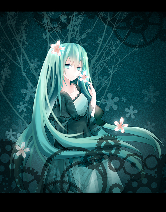 aqua_eyes aqua_hair at cuivre dress flower gears hatsune_miku letterboxed long_hair looking looking_at_viewer solo twintails very_long_hair viewer vocaloid