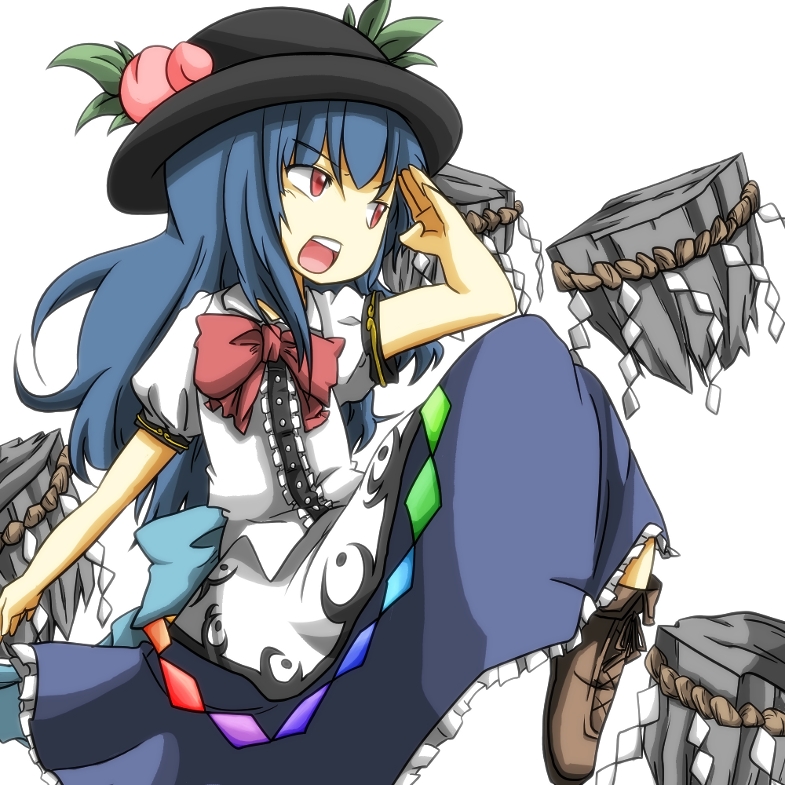 aa_nin blue_hair bow cross-laced_footwear food fruit hat hinanawi_tenshi keystone leaf long_hair open_mouth peach puffy_sleeves red_eyes rock rope salute short_sleeves solo touhou