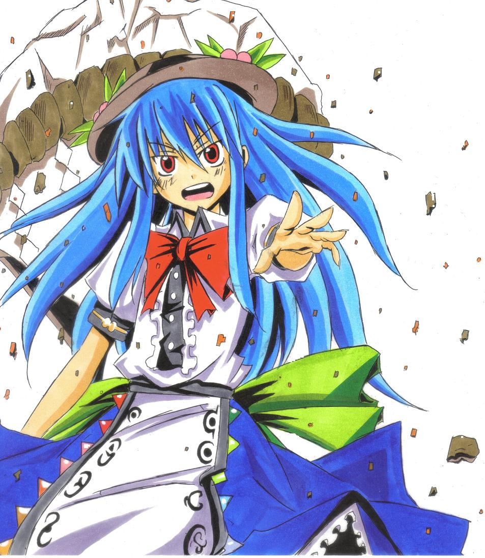 blue_hair bow crim0718 hat hinanawi_tenshi keystone long_hair open_mouth puffy_sleeves red_eyes rock rope short_sleeves skirt solo touhou
